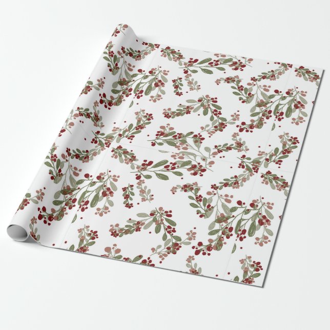 Holly Jolly Greens ; Red Fruits & Yuletide Leaves Wrapping Paper (Unrolled)