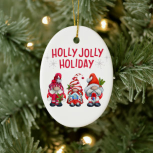 Holly Jolly Holiday Gnomes Ceramic Ornament