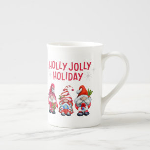 Holly Jolly Holiday Gnomes Whimsical Christmas Bone China Mug