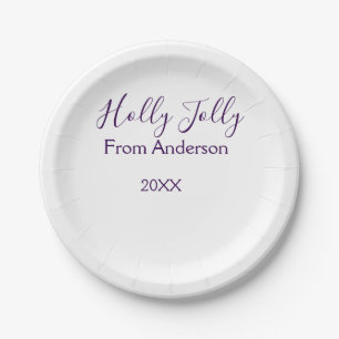 Holly Jolly holidays add name family year purple s Paper Plate