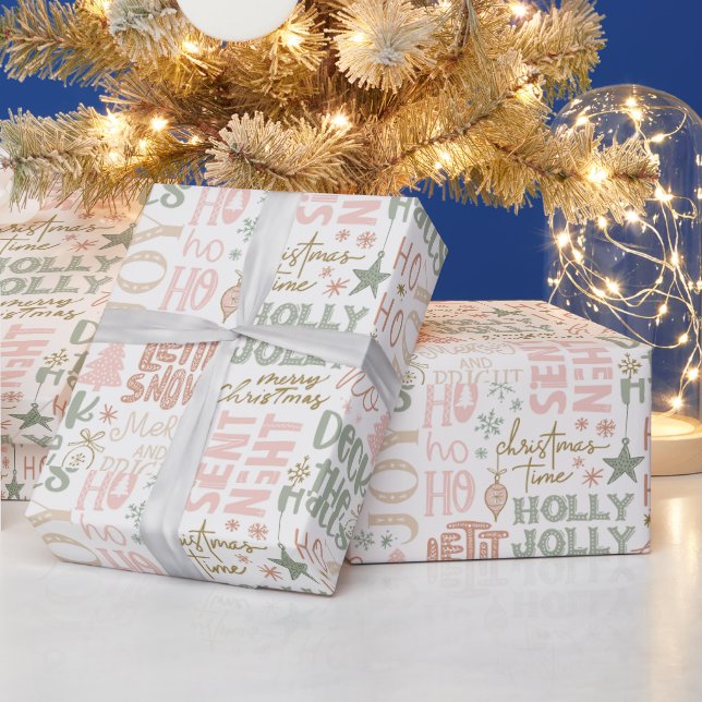 Holly Jolly Joy Deck the Halls Cream Christmas Wrapping Paper (Holidays)