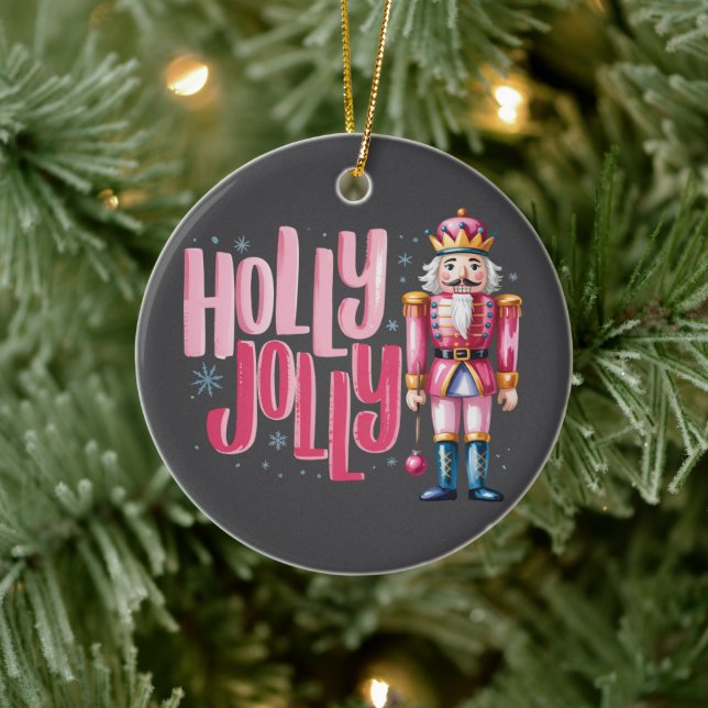 Holly Jolly Nutcracker Christmas Coquette Preppy Ceramic Ornament (Tree)