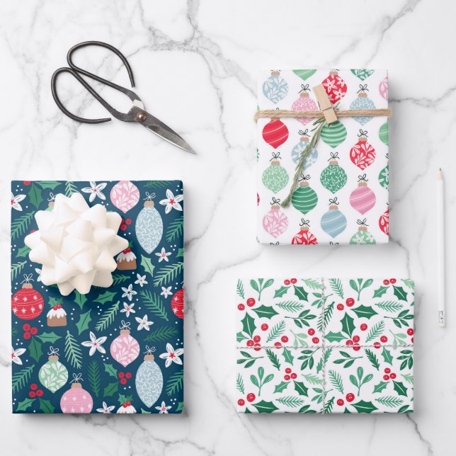 Holly Jolly Ornaments Holiday Wrapping Paper Sheet (Front)