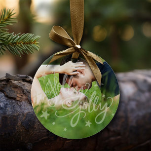 Holly Jolly Overlay   Calligraphy Typography Photo Ceramic Ornament