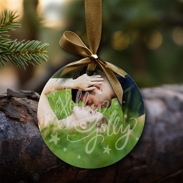 Holly Jolly Overlay | Calligraphy Typography Photo Ceramic Ornament (Creator Uploaded)