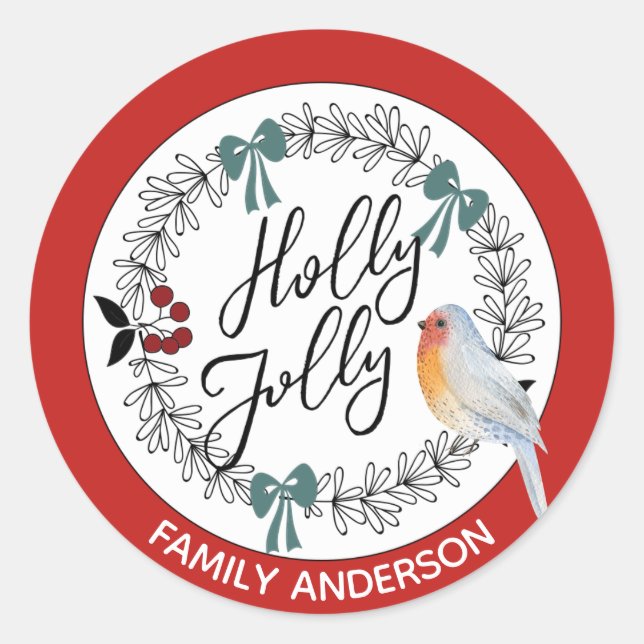 HOLLY JOLLY Personalized Christmas Robin Classic Round Sticker (Front)