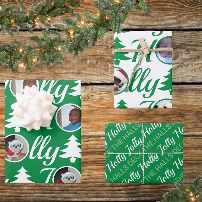 Holly Jolly Photo Collage Green White Christmas Wrapping Paper Sheet (Creator Uploaded)