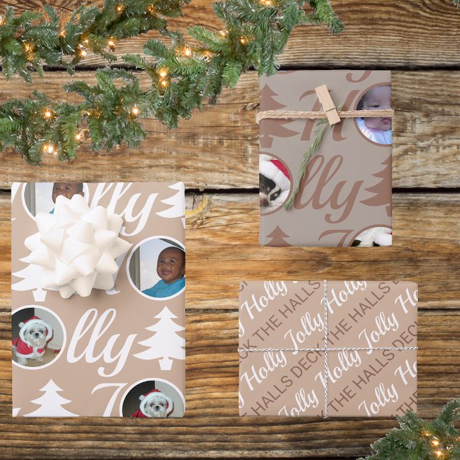 Holly Jolly Photo Collage Neutrals Christmas Wrapping Paper Sheet (Creator Uploaded)