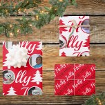 Holly Jolly Photo Collage Red White Christmas Wrapping Paper Sheet<br><div class="desc">Create your own personalized Christmas wrapping paper with this photo collage template design in Holly Jolly red and white. Upload your photos into the round templates where they become the O in the HOLLY and JOLLY typography pattern, one in white on Christmas red and one in bright red on a...</div>