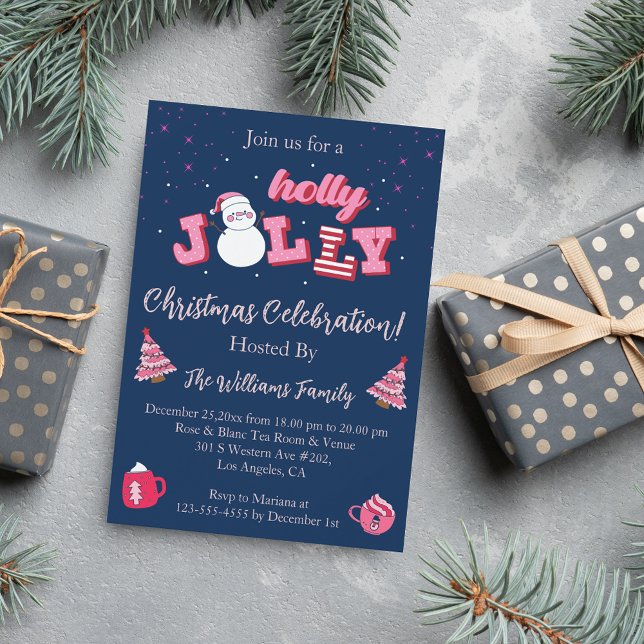 holly jolly pink blue christmas party invitation (Creator Uploaded)