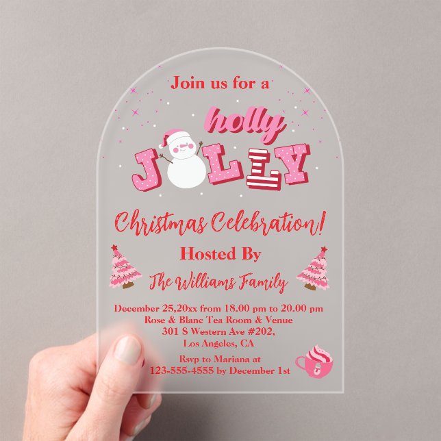 holly jolly pink red script christmas party arch acrylic invitations (Insitu (Handheld))