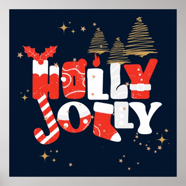 Holly Jolly Red White Gold Christmas Winter Poster (Front)