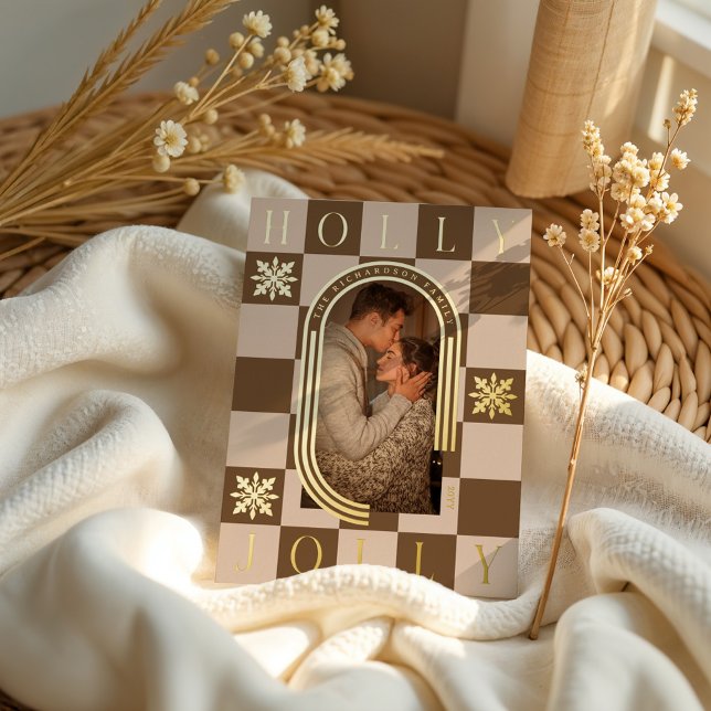 Holly Jolly Retro Chequered Christmas Arch Photo Foil Holiday Card (Holly Jolly Retro Checkered Christmas Arch Photo Foil Holiday Card1)