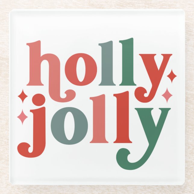 Holly Jolly - Retro Holiday Typography Glass Coaster (Front)
