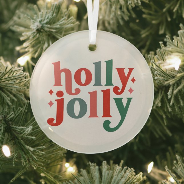 Holly Jolly - Retro Holiday Typography Glass Ornament (Insitu)