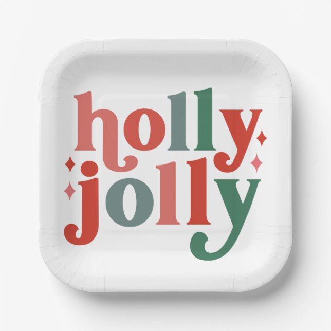 Holly Jolly - Retro Holiday Typography Paper Plate (Front)