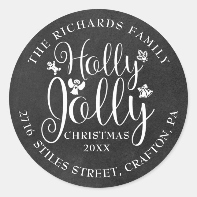 Holly Jolly Return Address Christmas Chalkboard Classic Round Sticker (Front)