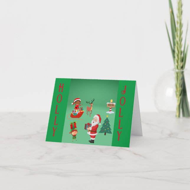  HOLLY JOLLY SANTA AND ELVES CHRISTMAS CARD (Front)