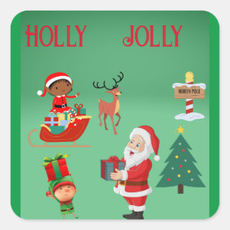 HOLLY JOLLY SANTA AND ELVES CHRISTMAS SQUARE STICKER