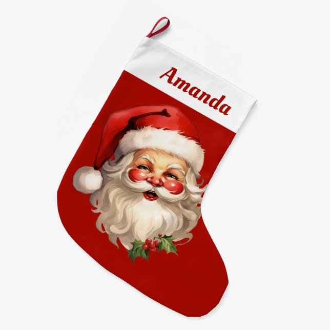 Holly Jolly Santa Claus Retro Christmas Large Christmas Stocking (Front (Hanging))