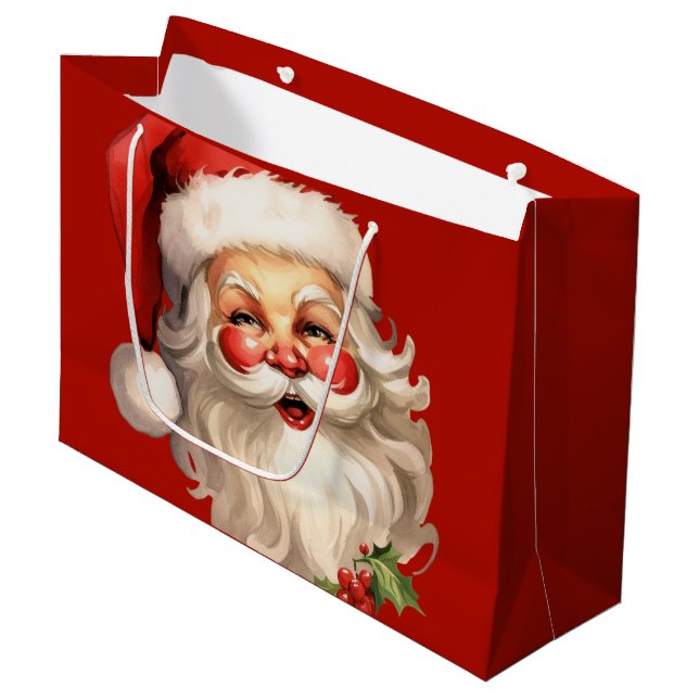 Holly Jolly Santa Claus Retro Christmas Large Gift Bag (Front Angled)