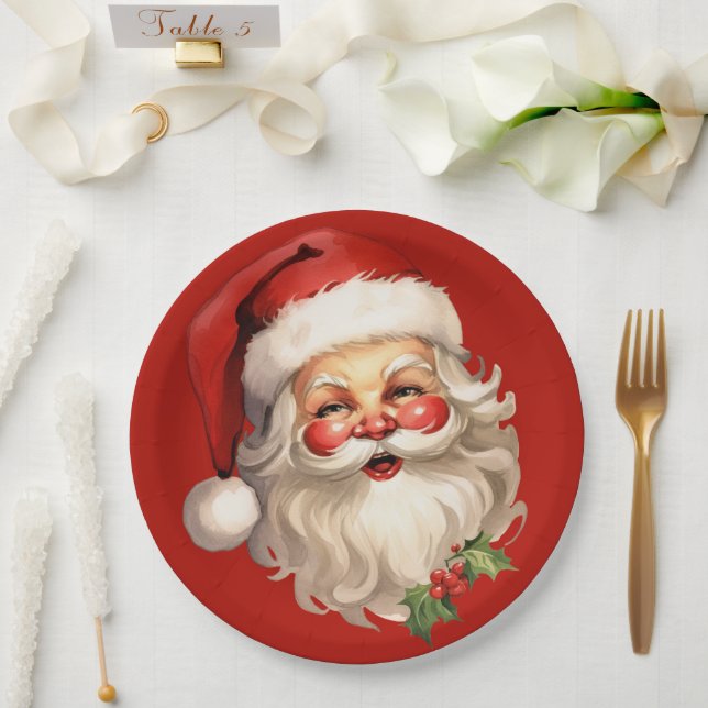 Holly Jolly Santa Claus Retro Christmas Paper Plate (Wedding)