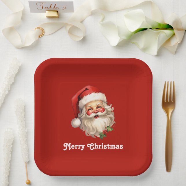 Holly Jolly Santa Claus Retro Christmas Paper Plate (Wedding)