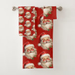 Holly Jolly Santa Claus Retro Christmas Pattern Bath Towel Set<br><div class="desc">Towel set with a joyful illustration of a vintage style Santa Claus with red rosy cheeks. wearing his classic red Santa hat and his big white bear. A sprig of holly adds to the festive holiday spirit of this design.</div>