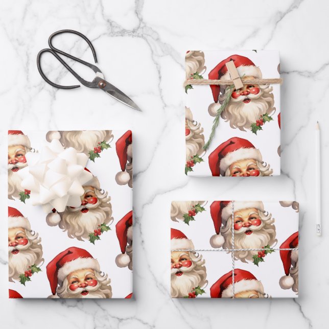 Holly Jolly Santa Claus Retro Christmas Pattern Wrapping Paper Sheet (Front)