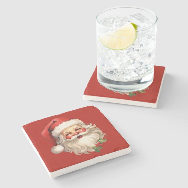 Holly Jolly Santa Claus Retro Christmas Stone Coaster (Side)
