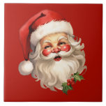 Holly Jolly Santa Claus Retro Christmas Tile<br><div class="desc">Ceramic tile with a joyful illustration of a vintage style Santa Claus with red rosy cheeks. wearing his classic red Santa hat and his big white bear. A sprig of holly adds to the festive holiday spirit of this design.</div>