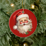 Holly Jolly Santa Claus Retro Style Christmas Ceramic Ornament<br><div class="desc">An ornament with a joyful illustration of a vintage style Santa Claus with red rosy cheeks. wearing his classic red Santa hat and his big white bear. A sprig of holly adds to the festive holiday spirit of this design.</div>