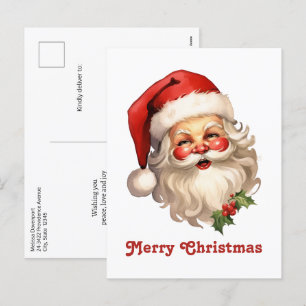 Holly Jolly Santa Claus Retro Style Christmas Holiday Postcard