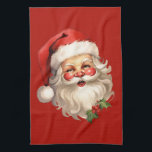 Holly Jolly Santa Claus Retro Style Christmas Kitchen Towel<br><div class="desc">A kitchen towel with a joyful illustration of a vintage style Santa Claus with red rosy cheeks. wearing his classic red Santa hat and his big white bear. A sprig of holly adds to the festive holiday spirit of this design.</div>
