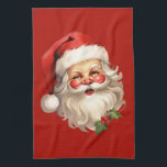 Holly Jolly Santa Claus Retro Style Christmas Kitchen Towel<br><div class="desc">A kitchen towel with a joyful illustration of a vintage style Santa Claus with red rosy cheeks. wearing his classic red Santa hat and his big white bear. A sprig of holly adds to the festive holiday spirit of this design.</div>