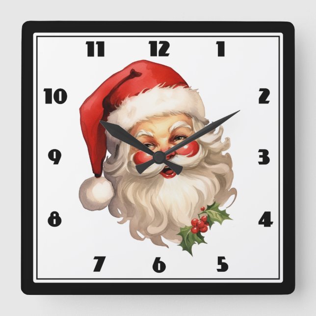 Holly Jolly Santa Claus Retro Style Christmas Square Wall Clock (Front)