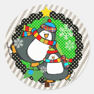 Holly Jolly Skating Penguins Round Sticker