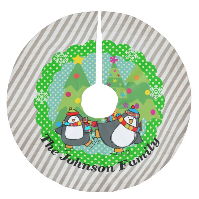 Holly Jolly Skating Penguins Tree Skirt (Front)