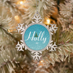 Holly Jolly Snowflake Ornament, Customizable Pewter Christmas Ornament