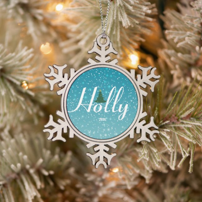 Holly Jolly Snowflake Ornament, Customizable Snowflake Pewter Christmas Ornament (Tree)