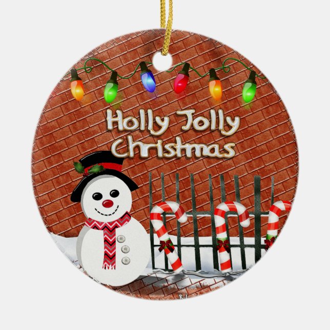 Holly Jolly Snowman CUSTOM Ceramic Ornament (Front)