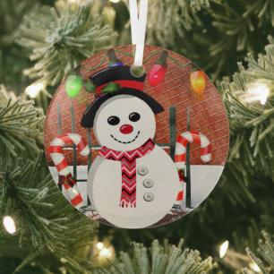 Holly Jolly Snowman  Glass Ornament