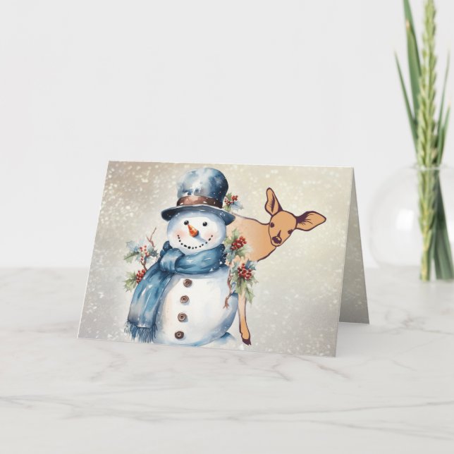 "Holly Jolly Snowman" with a Fawn  Card (Front)