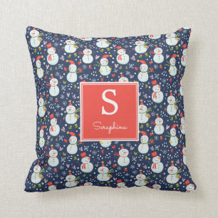 Holly Jolly Snowmen Monogram Throw Pillow