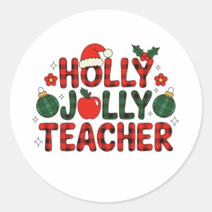 Holly Jolly Teacher Red Buffalo Plaid Christmas Classic Round Sticker