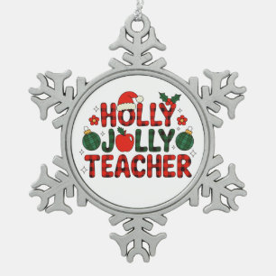 Holly Jolly Teacher Red Buffalo Plaid Christmas Snowflake Pewter Christmas Ornament