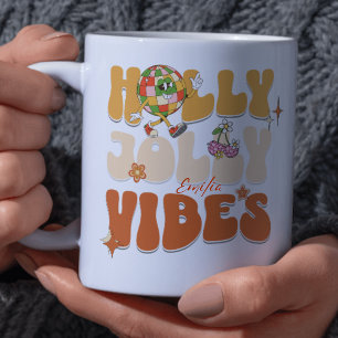 Holly Jolly Vibe Retro Groovy Brown Christmas Name Mug