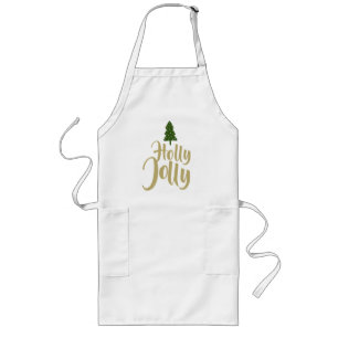 Holly Jolly White Gold Merry Christmas Long Apron