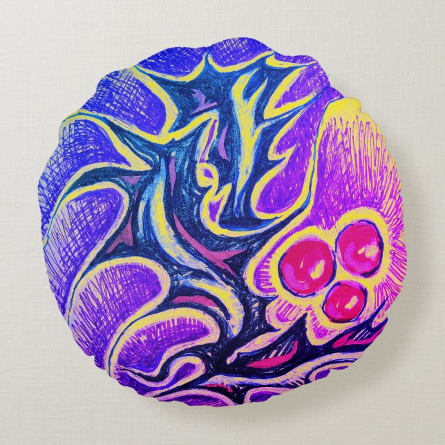 Holly Leaf and Berry Colourful Round Pillow (Back)