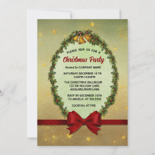 Holly Leaves and Berries and bells Christmas Party Invitation